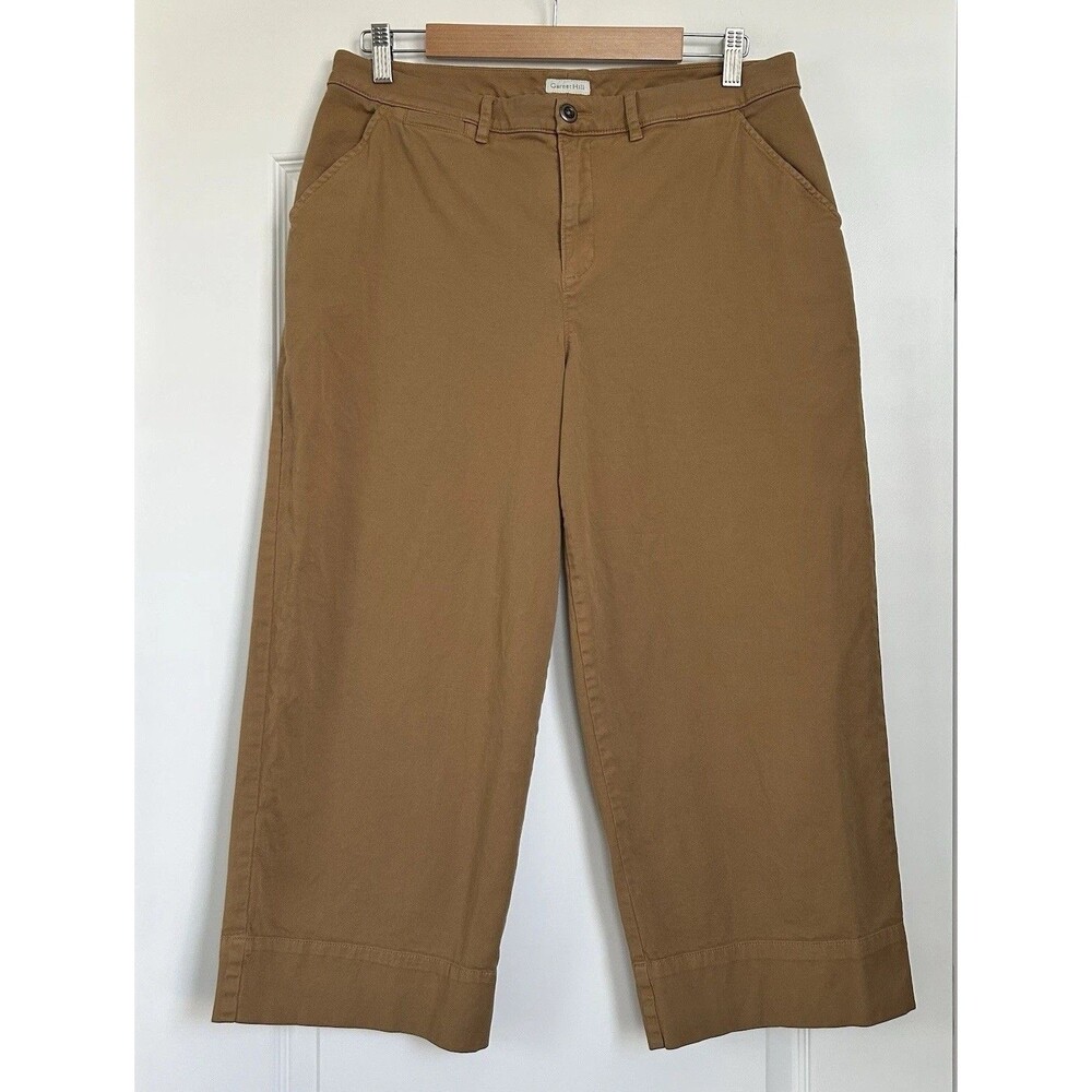 Garnet Hill Cropped Wide Leg Chinos Pants Brown Size 12 Pima Cotton Zip Stretch
